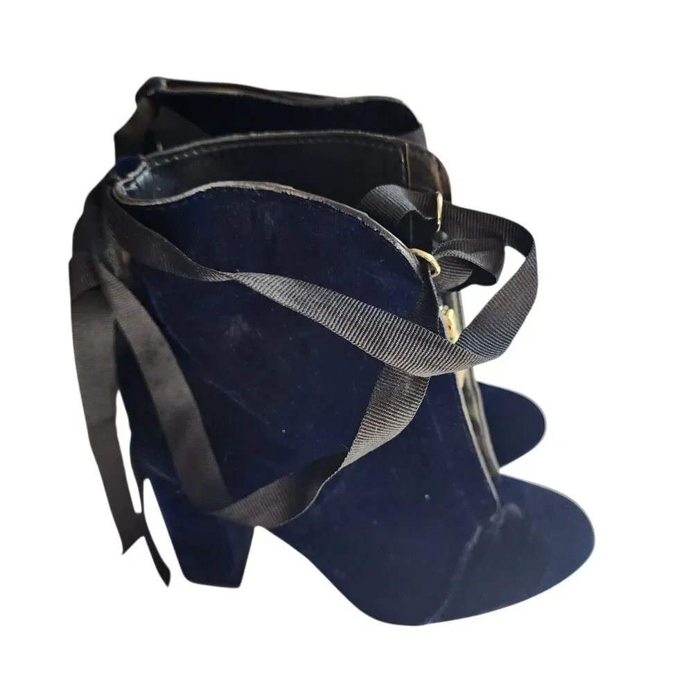 Zara‎ Blue Velvet Ankle Boots Ribbon Tie Block Heel Zip Womens 37 6.5